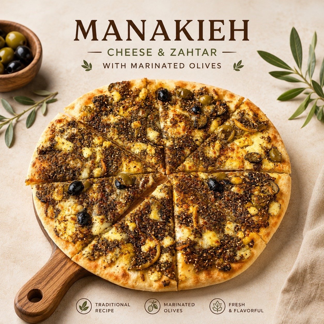 Manakish Cheese, Za’atar & Marinated Olives